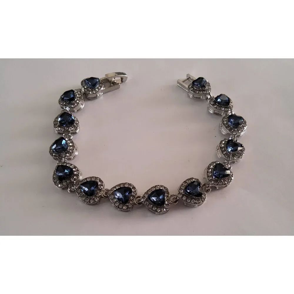 Pretty Blue & White Sapphire Crystal Heart Link Tennis Bracelet~Silver Plate 7"